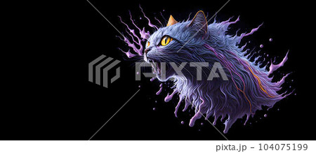 A colorful abstract portrait cat on black background. Generative AI. 104075199