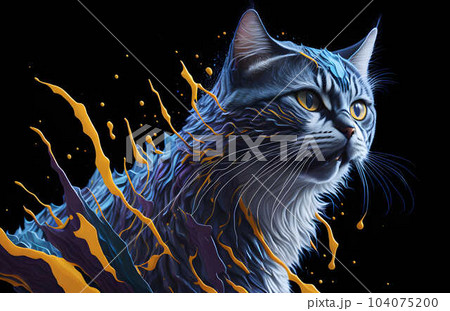 A colorful abstract portrait cat on black background. Generative AI. A colorful abstract portrait cat on black background. Generative AI. 104075200