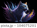 A colorful abstract portrait cat on black background. Generative AI. 104075201