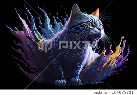 A colorful abstract portrait cat on black background. Generative AI. A colorful abstract portrait cat on black background. Generative AI. 104075201
