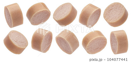 Sausage slices isolated on white background, full depth of field 104077441