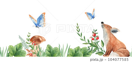 Horizontal watercolor forest seamless border pattern. Baby fox, porcini mushrooms, green leaves and branches, red berries, blue butterfly. Hand drawn botanical illustration. Can be used for fabric Horizontal watercolor forest seamless border pattern. Baby fox, porcini mushrooms, green leaves and branches, red berries, blue butterfly. Hand drawn botanical illustration. Can be used for fabric 104077585