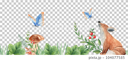 Horizontal watercolor forest seamless border pattern. Baby fox, porcini mushrooms, green leaves and branches, red berries, blue butterfly. Hand drawn botanical illustration. Can be used for fabric 104077585