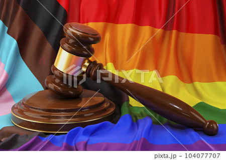 LGBTQ rights concept, wooden gavel with rainbow flag, 3D rendering LGBTQ rights concept, wooden gavel with rainbow flag, 3D rendering 104077707