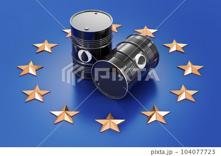 Oil barrels on flag of the EU, 3D rendering Oil barrels on flag of the EU, 3D rendering 104077723