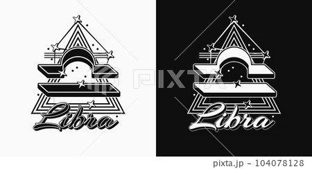 Black and white icon of zodiac sign Libra with constellation with stars, text, triangle as alchemical symbol for air element. Horoscope esoteric elements. Vintage style. 104078128