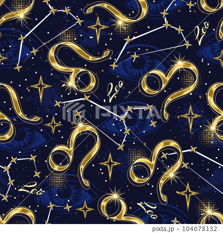 Seamless pattern with golden icon of zodiac sign Leo, constellation with stars, text, third eye, all seeing eye on blue background. Esoteric concept. For prints, clothing, t shirt, surface design Seamless pattern with golden icon of zodiac sign Leo, constellation with stars, text, third eye, all seeing eye on blue background. Esoteric concept. For prints, clothing, t shirt, surface design 104078132