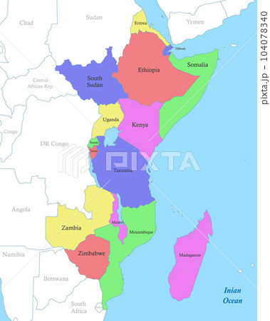 map of Eastern Africa with borders of the states. 104078340