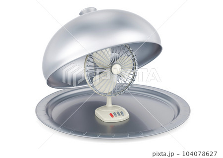Restaurant cloche with table fan, 3D rendering Restaurant cloche with table fan, 3D rendering 104078627
