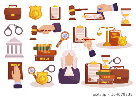 Law Elements Set. Legal Tools Including Books, Scales Of Justice, Gavel, Handcuffs, Judge, Glass, Sandclock And Document Law Elements Set. Legal Tools Including Books, Scales Of Justice, Gavel, Handcuffs, Judge, Glass, Sandclock And Document 104079239