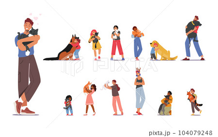 Set of Pet Owner Characters With Cats And Dogs, Sharing Their Lives With Furry Companions. Joyful Moments Set of Pet Owner Characters With Cats And Dogs, Sharing Their Lives With Furry Companions. Joyful Moments 104079248
