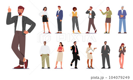Set Of Business Characters. Ambitious Men And Women Navigating The Corporate World, Seeking Success Through Networking Set Of Business Characters. Ambitious Men And Women Navigating The Corporate World, Seeking Success Through Networking 104079249