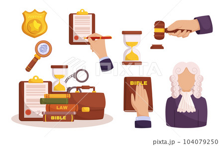 Law Elements Set. Essential Tools For Legal Professionals, Including Gavel, Scales Of Justice, Law Books, And Documents Law Elements Set. Essential Tools For Legal Professionals, Including Gavel, Scales Of Justice, Law Books, And Documents 104079250