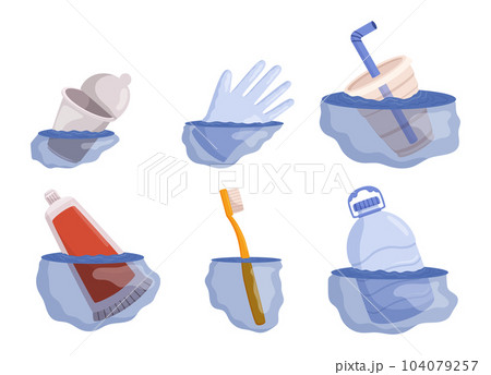 Floating Debris In Water. Disposable Package, Rubber Glove, Toothpaste Tube And Brush, Plastic Bottle Trash, Vector Floating Debris In Water. Disposable Package, Rubber Glove, Toothpaste Tube And Brush, Plastic Bottle Trash, Vector 104079257