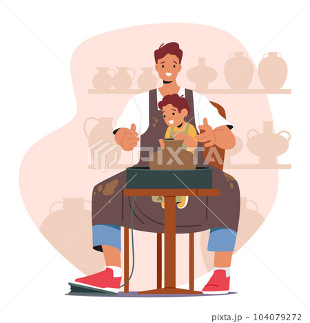 Child And Father Characters Create Pottery Together, Shaping Clay On A Spinning Wheel. Joyful Collaboration, Bonding 104079272