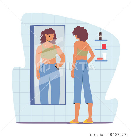 Woman Feel Guilty and Hate Appearance in Mirror Look herself Fat. Anorexia or Bulimia Concept, Vector Illustration 104079273
