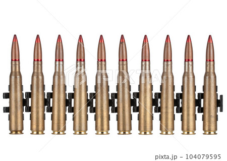 Ammunition belt with cartridges for heavy machine gun isolated on white. 104079595