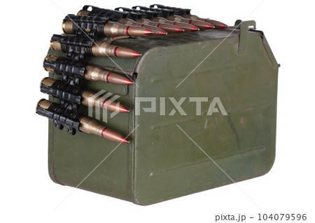 Ammo box with ammunition belt and 12.7mm cartridges for heavy machine gun. 104079596