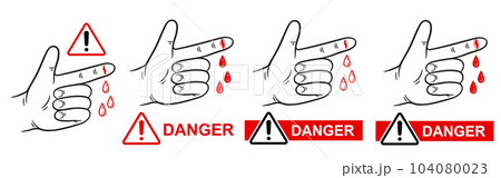 Hand finger cut injury risk warning, skin hurt wound with blood drops, danger sharp machine equipment line icon. Prevent human arm wrist bleeding body trauma. Attention be careful with tool vector Hand finger cut injury risk warning, skin hurt wound with blood drops, danger sharp machine equipment line icon. Prevent human arm wrist bleeding body trauma. Attention be careful with tool vector 104080023