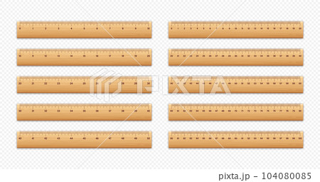 Realistic various wooden rulers with measurement scale and divisions, measure marks. School ruler, centimeter and inch scale for length measuring. Office supplies. Vector illustration 104080085