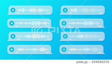Voice, audio message, transparent speech bubbles. SMS text frame. Social media chat or messaging app conversation. Voice assistant, recorder. Sound wave pattern. Vector illustration 104080250