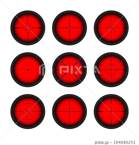 Various weapon thermal infrared sights, sniper rifle optical scopes. Hunting gun viewfinder with crosshair. Aim, shooting mark symbol. Military target sign. Game UI element. Vector illustration Various weapon thermal infrared sights, sniper rifle optical scopes. Hunting gun viewfinder with crosshair. Aim, shooting mark symbol. Military target sign. Game UI element. Vector illustration 104080251