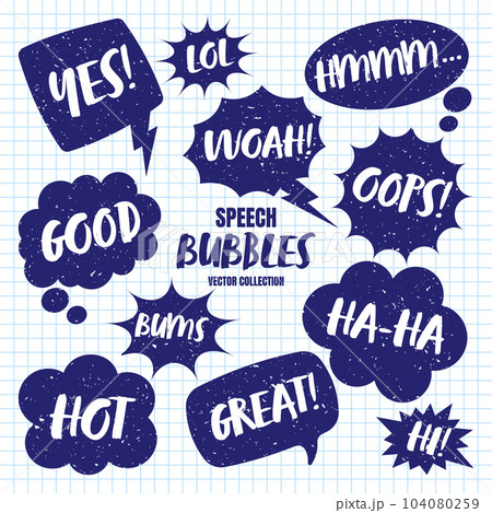 Hand drawn comic speech bubbles on checkered paper sheet. School notebook for drawing. Grunge retro cartoon stickers. Chatting, message box. Vector illustration 104080259