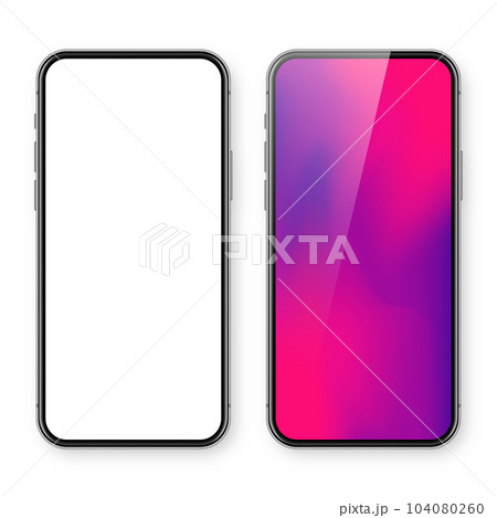 Smartphone with blank touch screen and abstract colorful background, wallpaper. Frameless mobile phone in front view. High quality detailed device mockup. Vector illustration 104080260