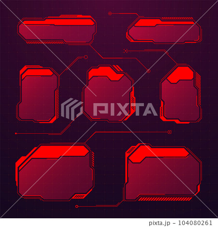 Red futuristic HUD or UI elements. Sci-fi user interface text boxes, callouts. Warning message frames, information boxes template. Modern game interface layout in digital style. Vector illustration 104080261
