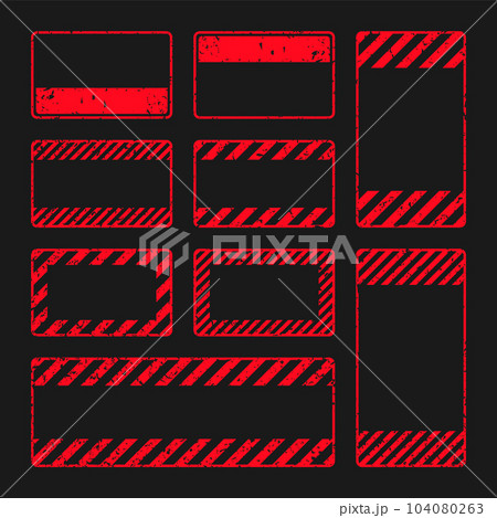 Various red grunge warning signs with diagonal lines. Old attention, danger or caution sign, construction site signage. Realistic notice signboard, warning banner, road shield. Vector illustration 104080263