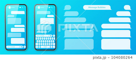 Realistic smartphone with messaging app on colorful blue background. Blank SMS text frame. Chat screen with transparent message bubbles. Social media application. Vector illustration Realistic smartphone with messaging app on colorful blue background. Blank SMS text frame. Chat screen with transparent message bubbles. Social media application. Vector illustration 104080264