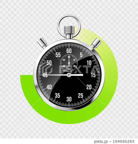 Realistic classic stopwatch. Shiny metal chronometer, black time counter with dial. Green countdown timer showing minutes, seconds. Time measurement for sport, start and finish. Vector illustration 104080265