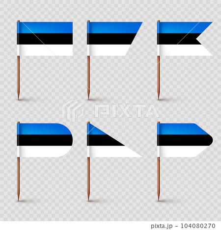 Realistic various Estonian toothpick flags. Souvenir from Estonia. Wooden toothpicks with paper flag. Location mark, map pointer. Blank mockup for advertising and promotions. Vector illustration 104080270