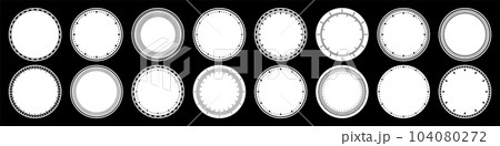 Mechanical clock faces, bezel. Watch dial with minute and hour marks. Timer or stopwatch element. Blank measuring circle scale with divisions. Vector illustration. Mechanical clock faces, bezel. Watch dial with minute and hour marks. Timer or stopwatch element. Blank measuring circle scale with divisions. Vector illustration. 104080272