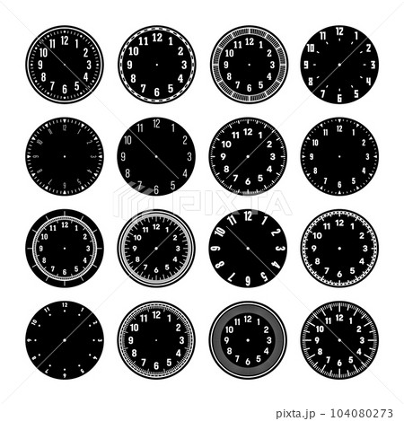 Mechanical clock faces, watch dial with numerals, bezel. Timer or stopwatch element with minute, hour marks and numbers. Blank measuring circle scale with divisions. Vector illustration 104080273