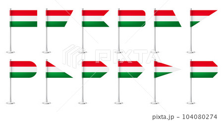 Realistic various Hungarian table flags on a chrome steel pole. Souvenir from Hungary. Desk flag made of paper or fabric, shiny metal stand. Mockup for promotion and advertising. Vector illustration Realistic various Hungarian table flags on a chrome steel pole. Souvenir from Hungary. Desk flag made of paper or fabric, shiny metal stand. Mockup for promotion and advertising. Vector illustration 104080274