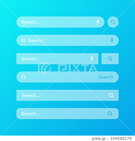 Various transparent search bar templates. Internet browser engine with search box, address bar and text field. UI design, website interface element with web icons and push button. Vector illustration Various transparent search bar templates. Internet browser engine with search box, address bar and text field. UI design, website interface element with web icons and push button. Vector illustration 104080279