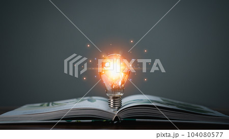 Glowing light bulb with creativity twinkling lights on a book. Ideas for inspiration from reading. Innovation concept of self-learning, education knowledge, technology, business, power of knowledge. 104080577