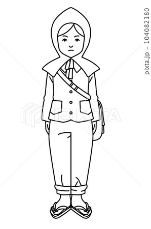 戦争 女性 防災頭巾 線画 黒 日本 戦争 女性 防災頭巾 線画 黒 日本 104082180