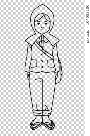 戰爭婦女防災兜帽線描黑色日本 104082180