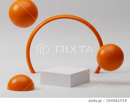 3D render minimal square product podium with floating balls and ring round circle on white empty background 3D render minimal square product podium with floating balls and ring round circle on white empty background 104082559