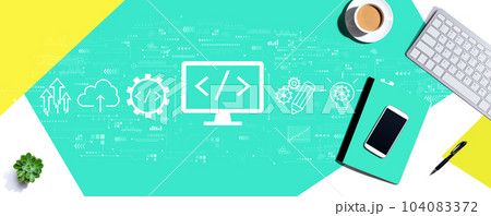 Web development concept with computer keyboard and office items 104083372