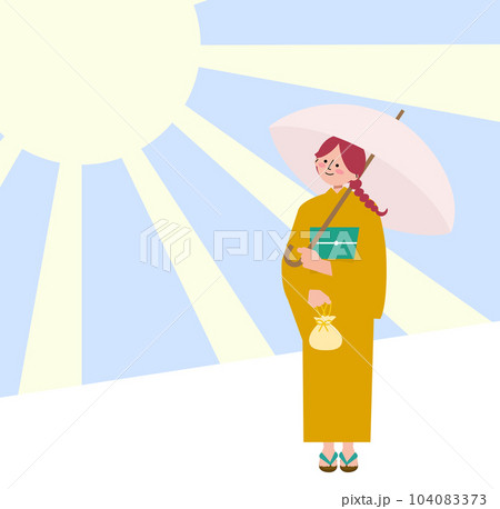 浴衣を着た女性が日傘を挿しているイラスト 104083373