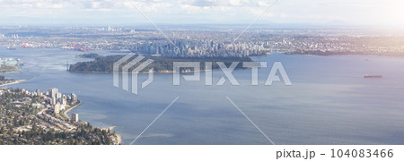 Stanley Park, Lions Gate Bridge and Downtown City on West Coast of Pacific Ocean. Aerial. 104083466
