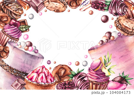 Watercolor frame of desserts, sweets, cakes, muffins, cupcakes, cookies and chocolate covered strawberries on white 104084173