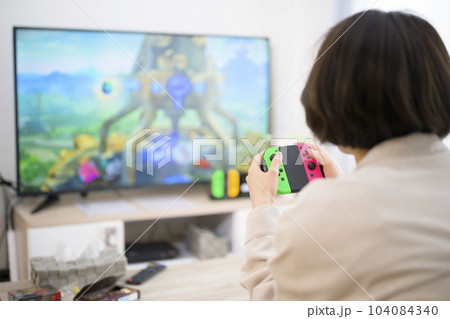 テレビゲームをする若い女性 104084340