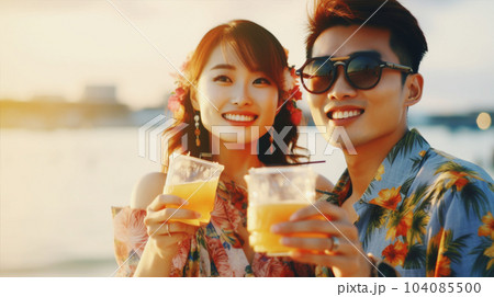 南国のビーチでカクテルを飲む男女　AI生成画像　Couple with cocktail 104085500
