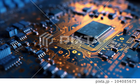 コンピューターチップ回路基板のクローズアップ。RAM 104085675