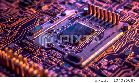 コンピューターチップ回路基板のクローズアップ。RAM 104085687