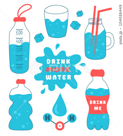 Drink more water. H2O set. Sport bottles, glasses collection. Vector flat illustration. Drink more water. H2O set. Sport bottles, glasses collection. Vector flat illustration. 104086449